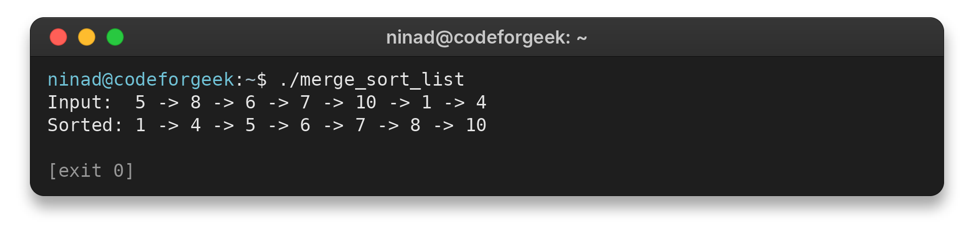 C++ linked list merge sort terminal output