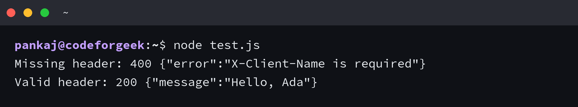 Terminal output showing missing-header rejection and valid-header response