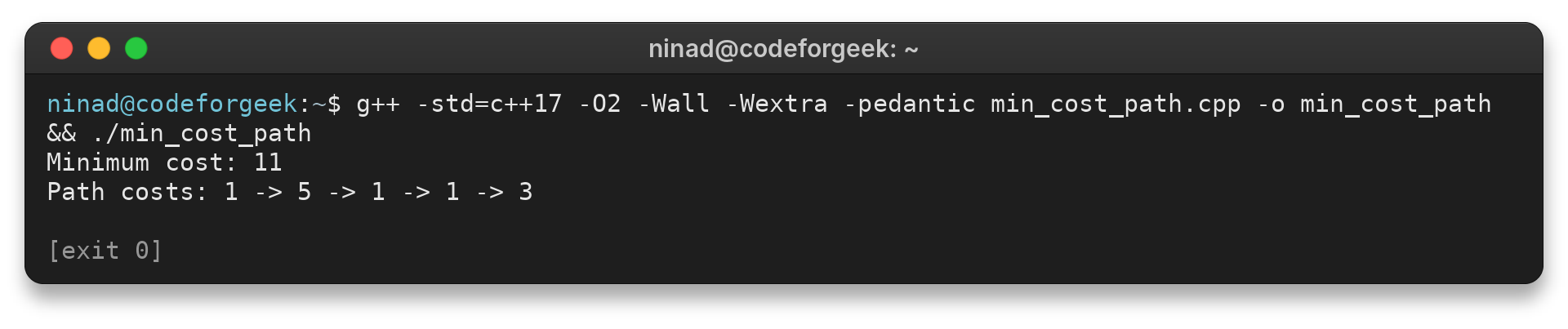 C++ terminal run showing minimum cost 11 and path costs 1, 5, 1, 1, 3