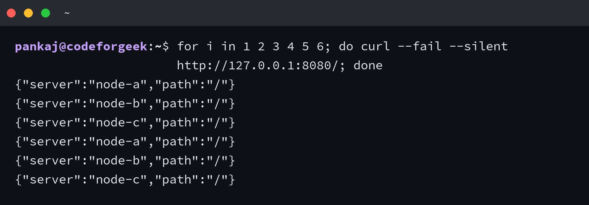 Terminal output showing six NGINX responses from three named Node.js servers in round-robin order.