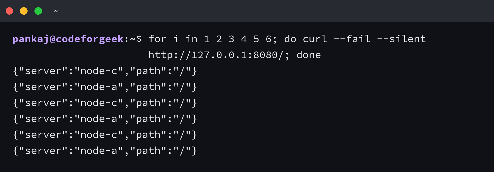 Terminal output showing NGINX responses from node-a and node-c after node-b stops.