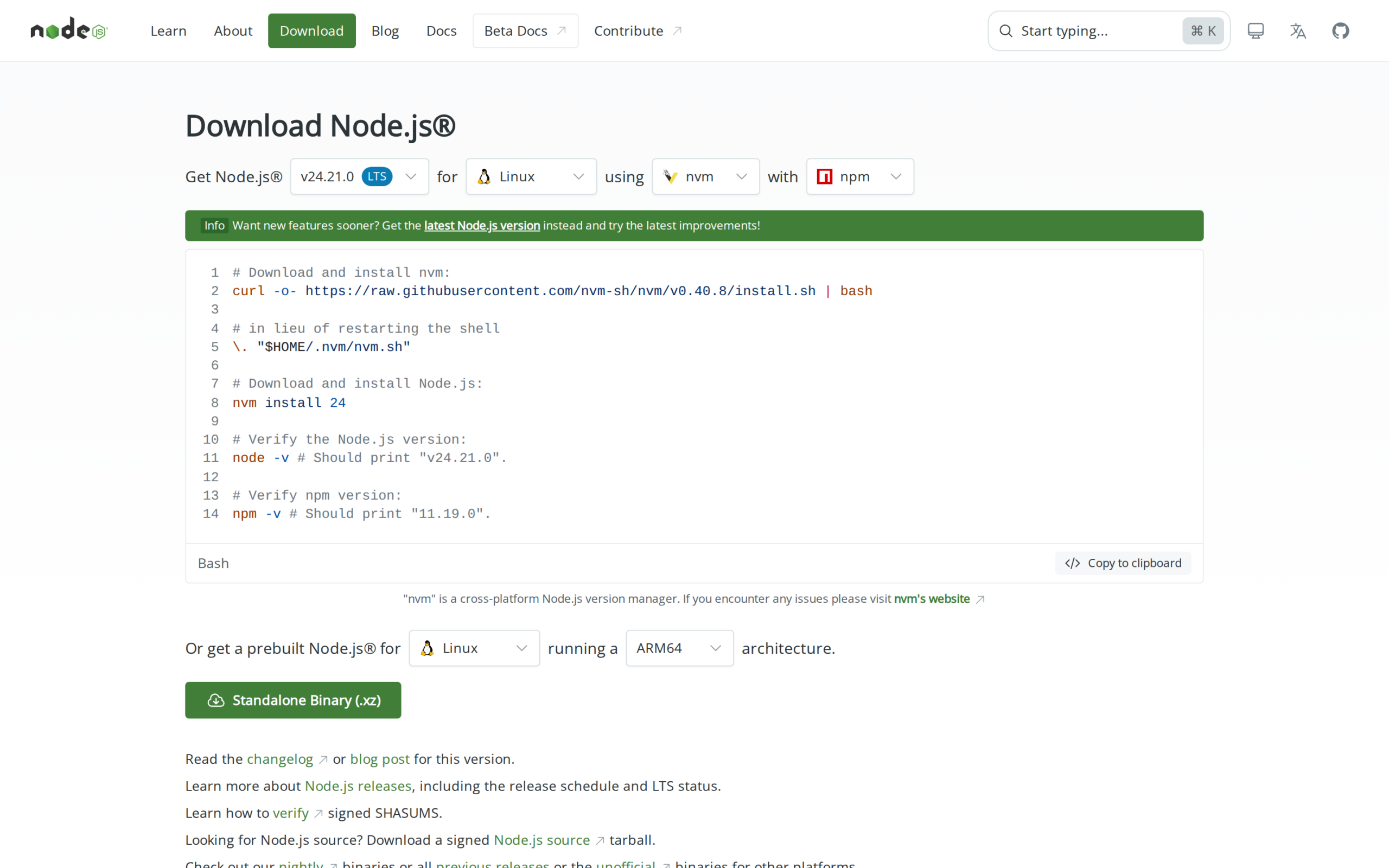 Official Node.js download page with the LTS release selected