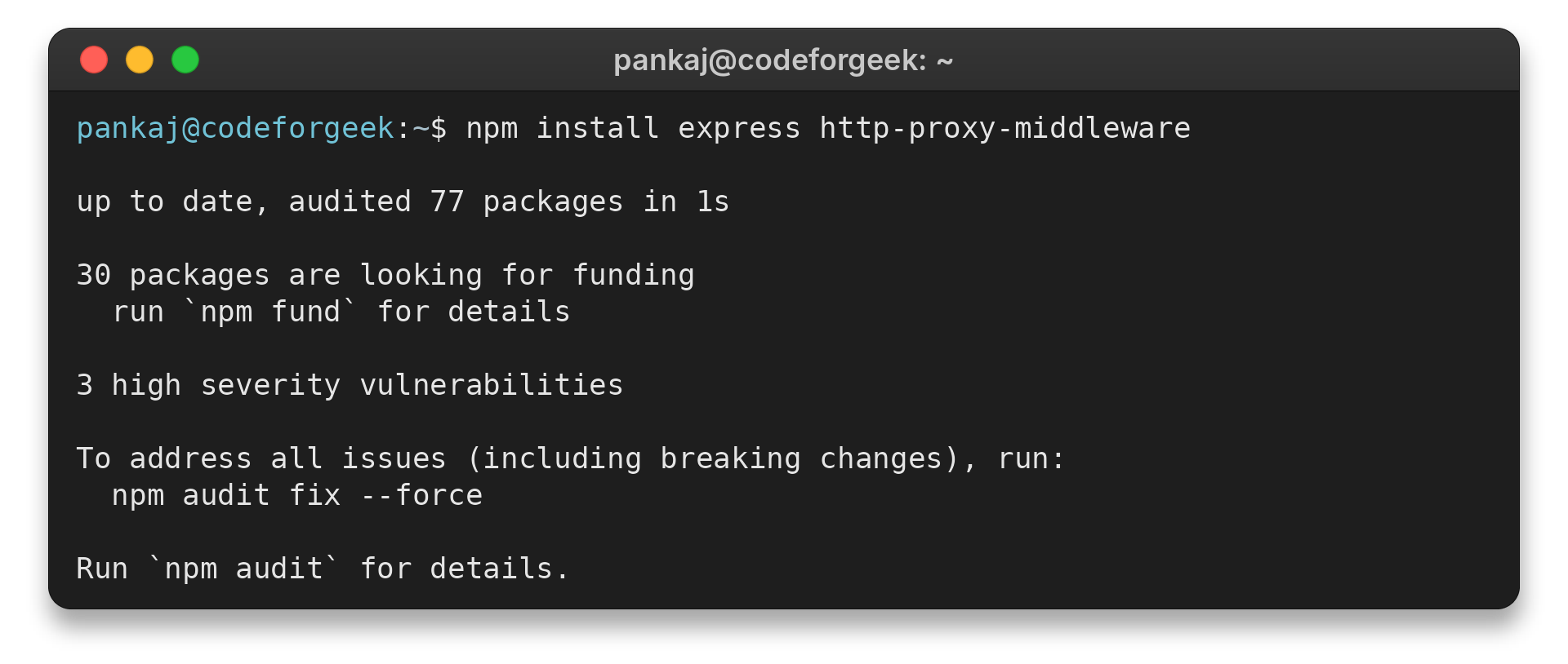 npm installation output for Express and http-proxy-middleware