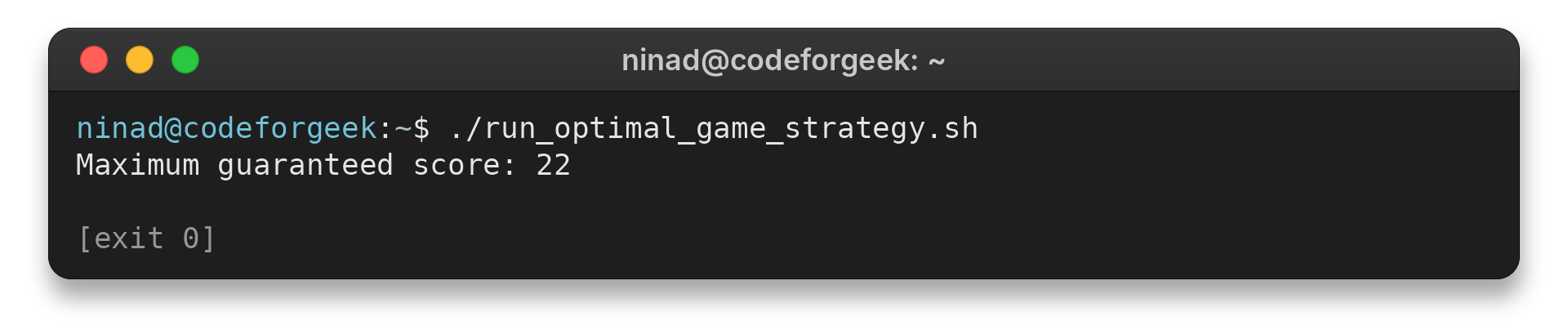 C++ program output showing a maximum guaranteed score of 22