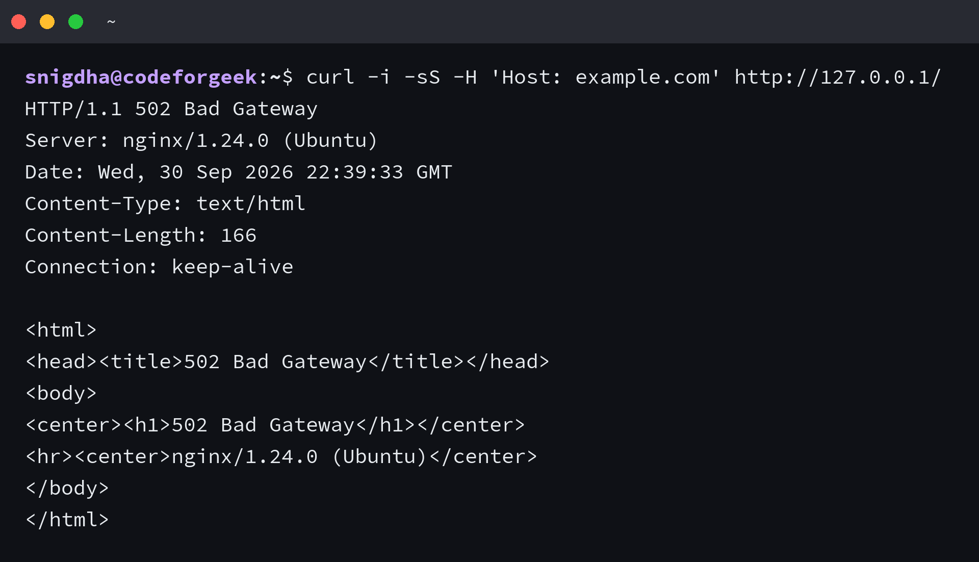 Nginx returns HTTP 502 when the Node.js upstream is stopped