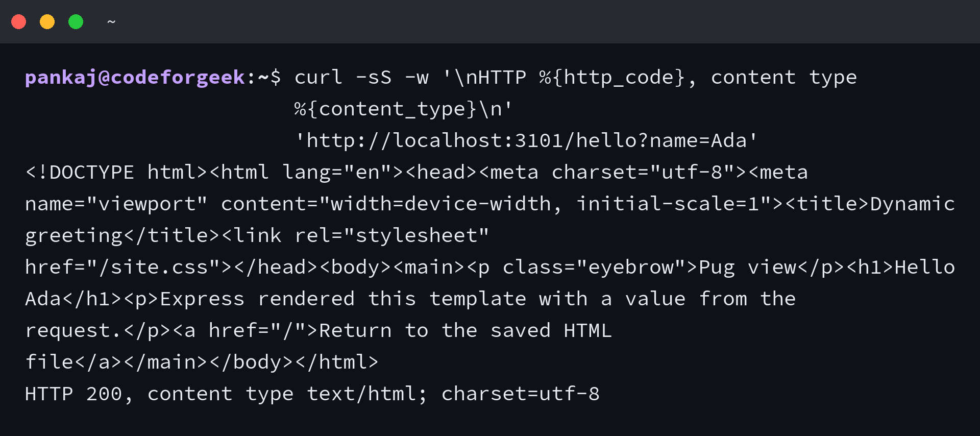 Curl response showing Express renders a Pug view with Hello Ada