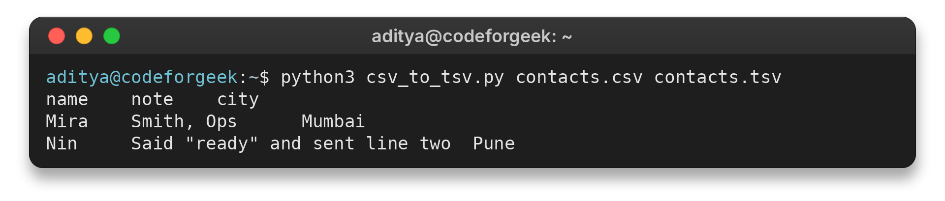 Terminal run of csv_to_tsv.py showing three tab-separated records