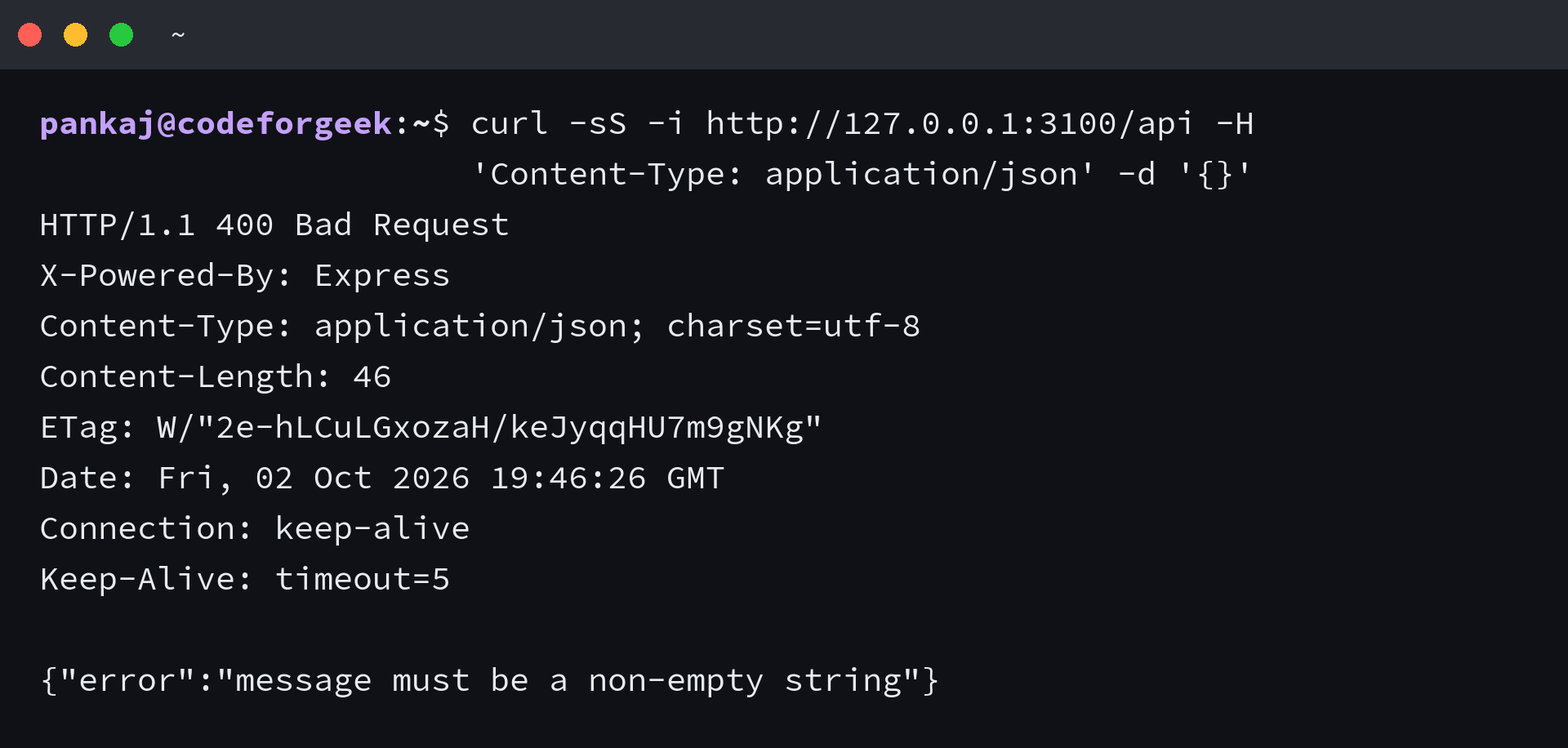 Express POST response rejecting a missing message with HTTP 400
