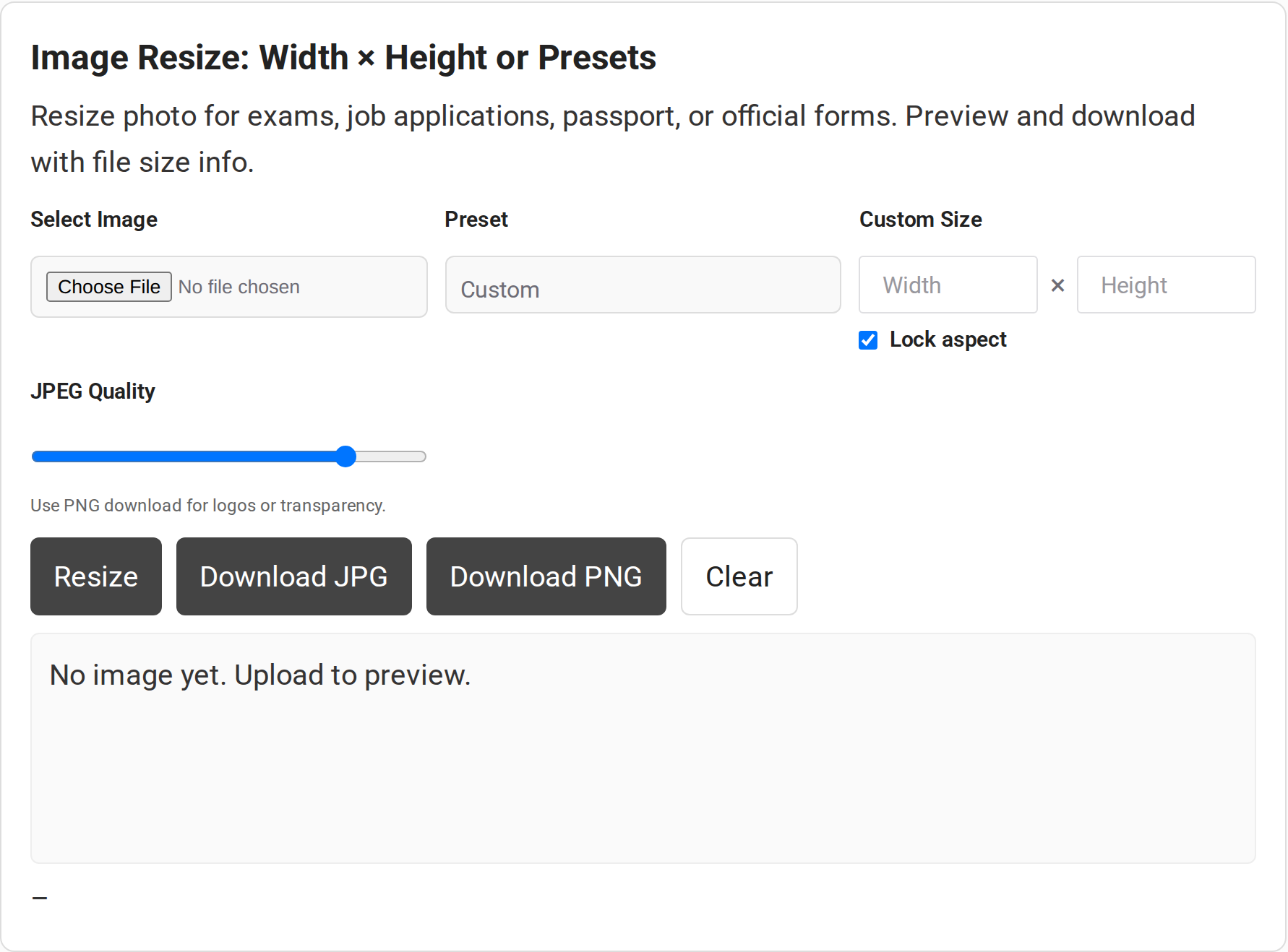 CodeForGeek photo resizer with preset, custom dimensions, JPEG quality, download buttons and empty preview