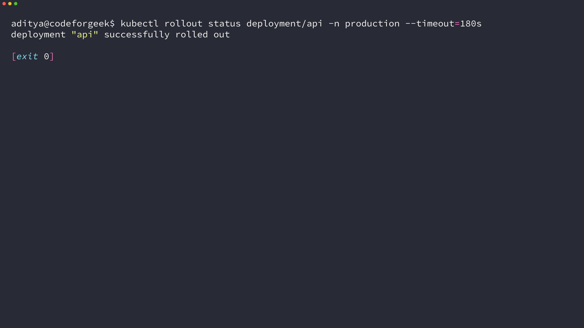 Terminal output from kubectl rollout status confirming the api Deployment rolled out successfully.