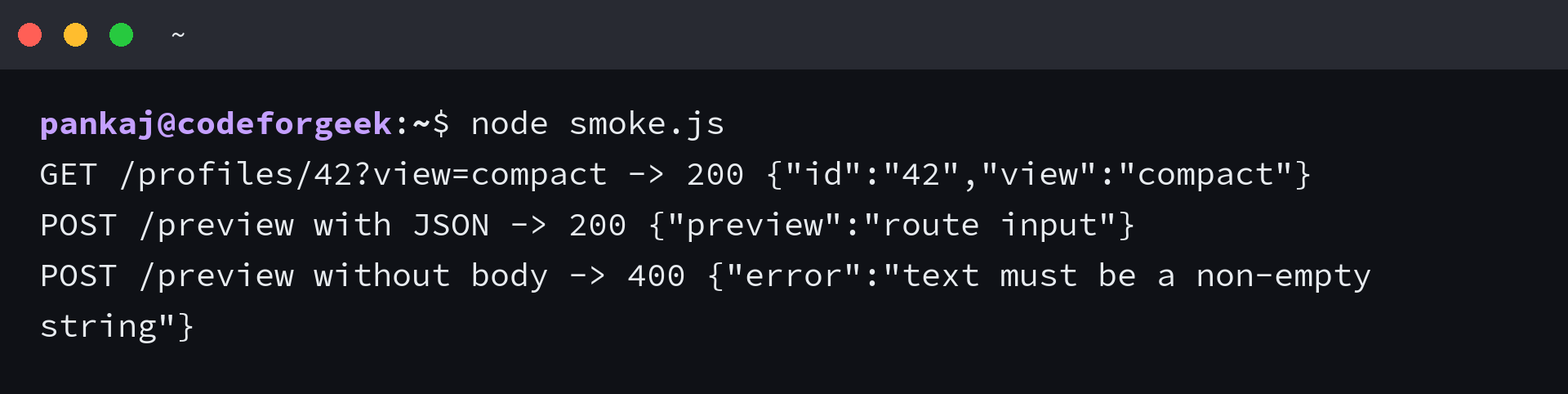 Express route responses for a profile, valid JSON preview, and missing request body