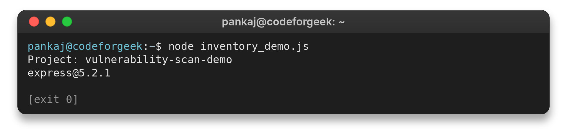 Terminal output from node inventory_demo.js listing the vulnerability-scan-demo project and its Express dependency