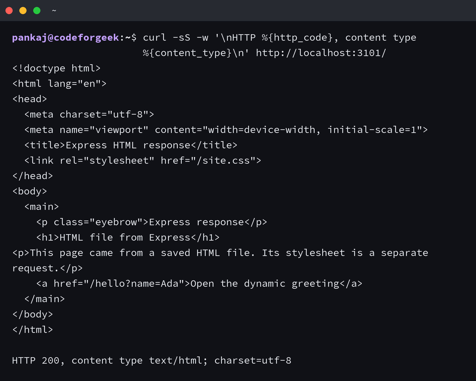 Curl response showing Express sends the saved HTML file with HTTP 200