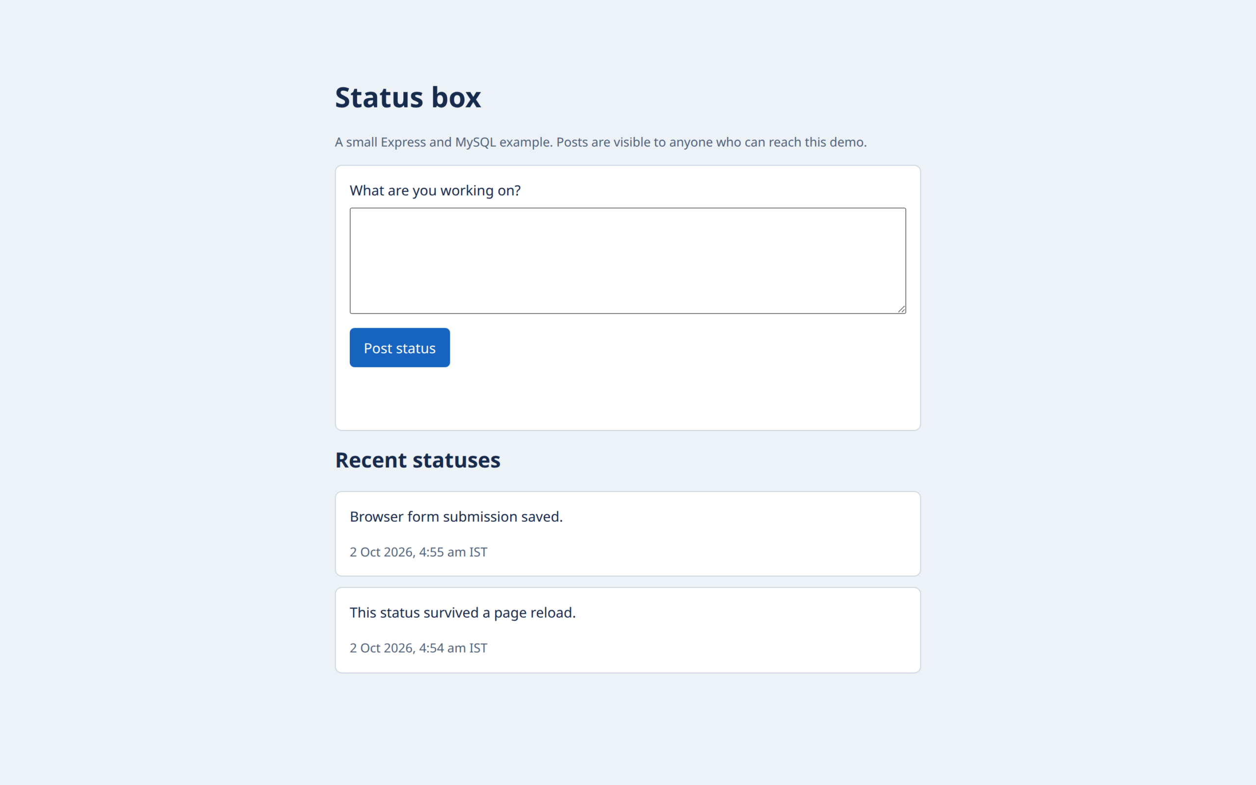 Status box composer with two saved status rows and timestamps in IST
