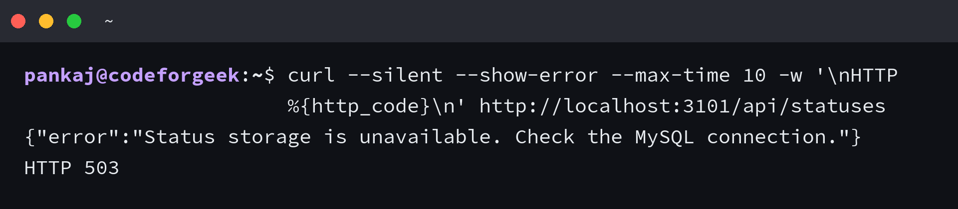 Terminal showing the status API 503 response while MySQL is unavailable