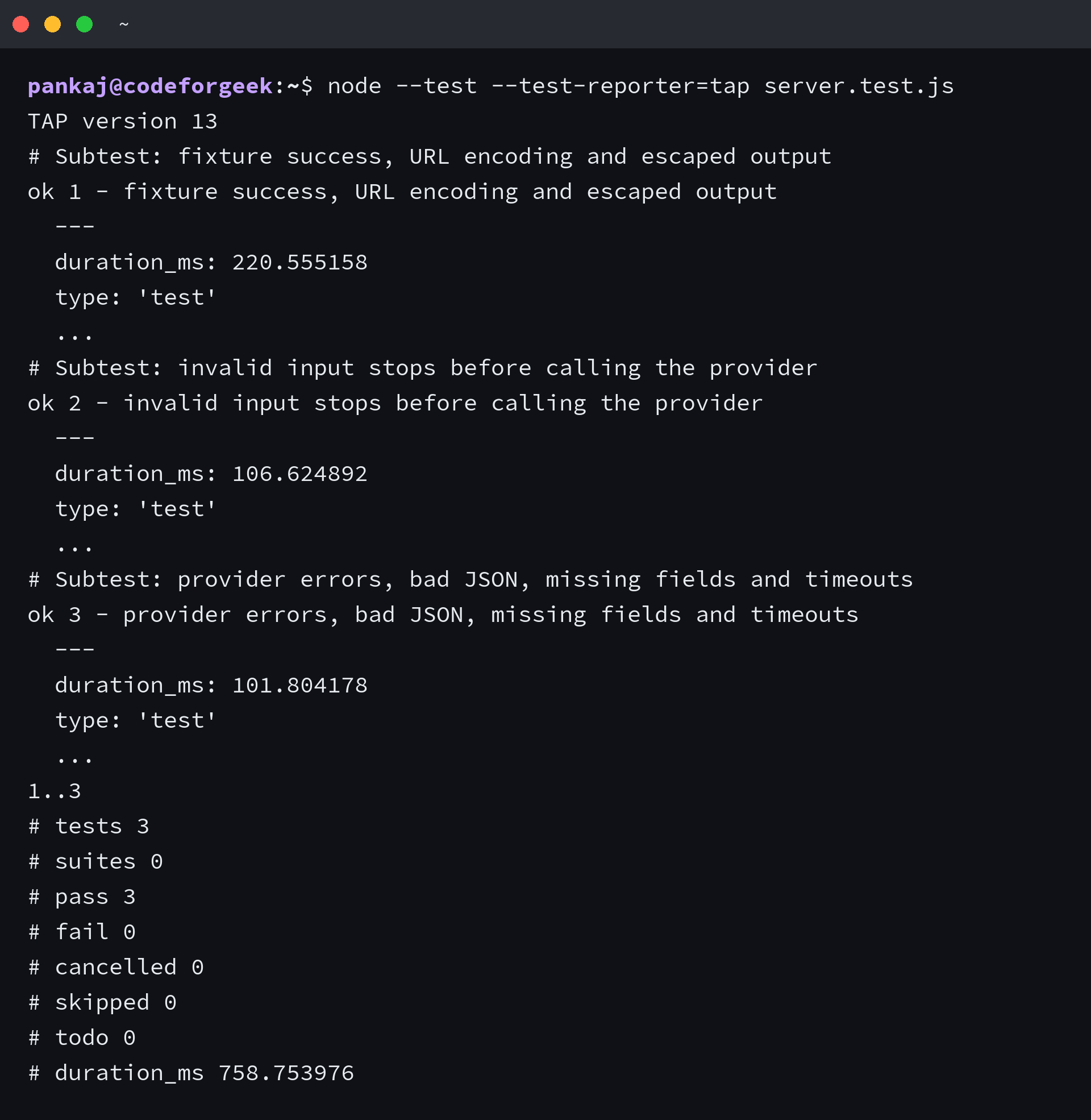 Node test runner reporting three passing weather app test groups