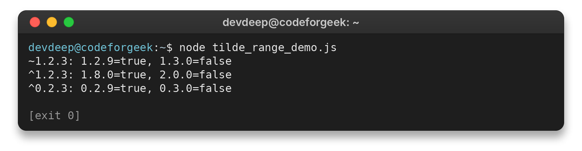 Terminal output from node-semver checks of tilde and caret boundaries