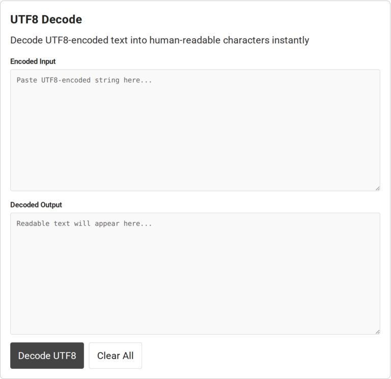 UTF8 Decode tool with encoded input, decoded output, Decode UTF8 and Clear All controls