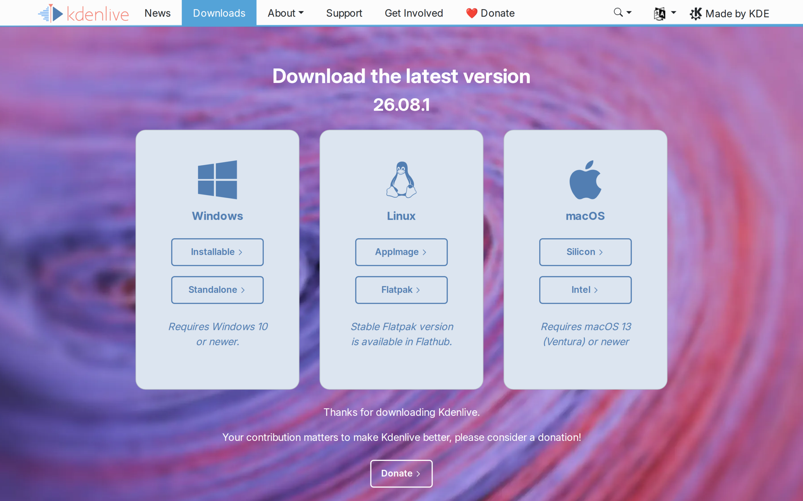 Kdenlive 26.08.1 download page showing Linux AppImage and Flatpak options