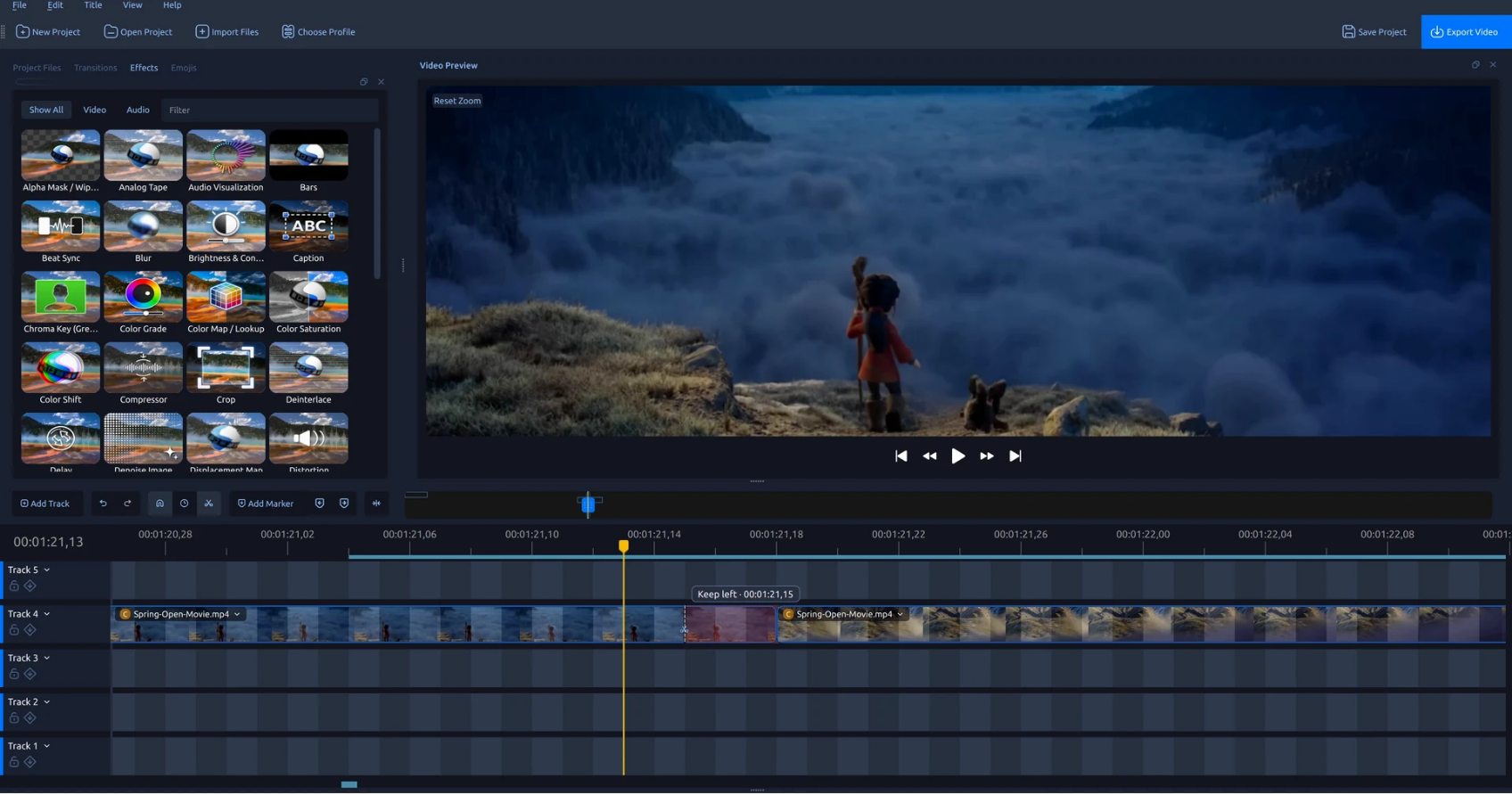 OpenShot editing workspace with effects and a multi-track timeline in view.