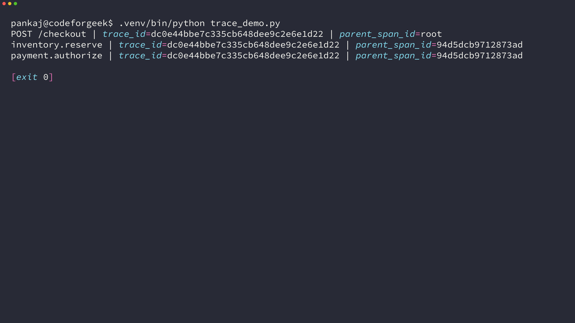 Terminal output with a POST checkout span and two child spans sharing one trace ID