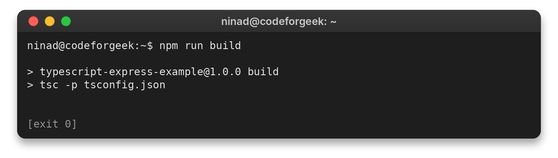 TypeScript compiler build succeeds for an Express project