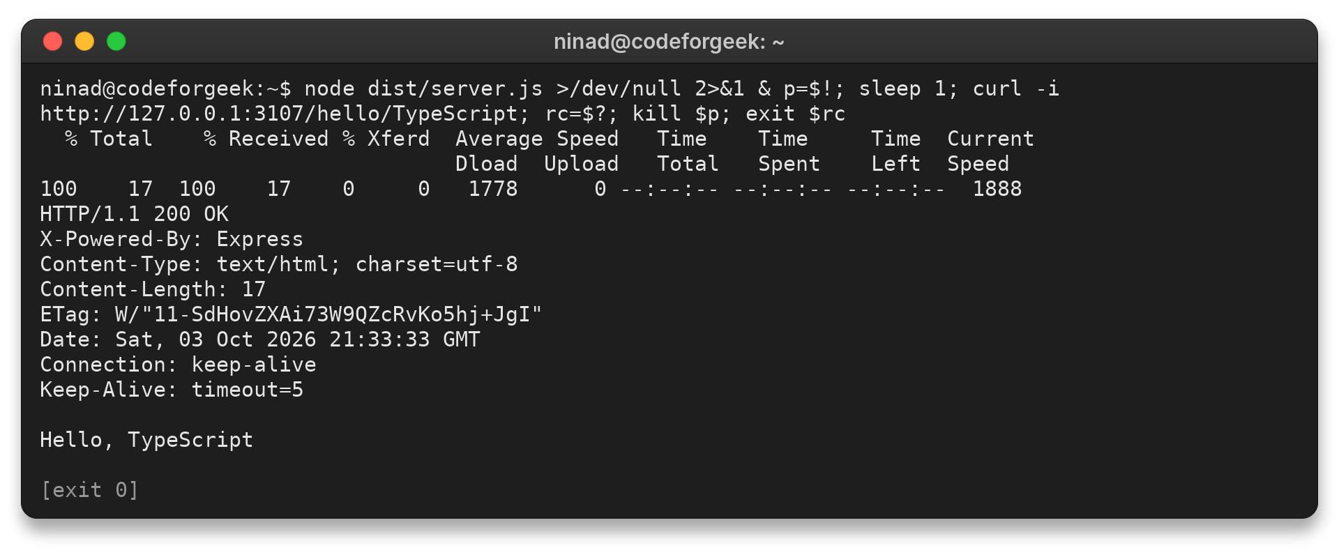 HTTP 200 response from the TypeScript Express route