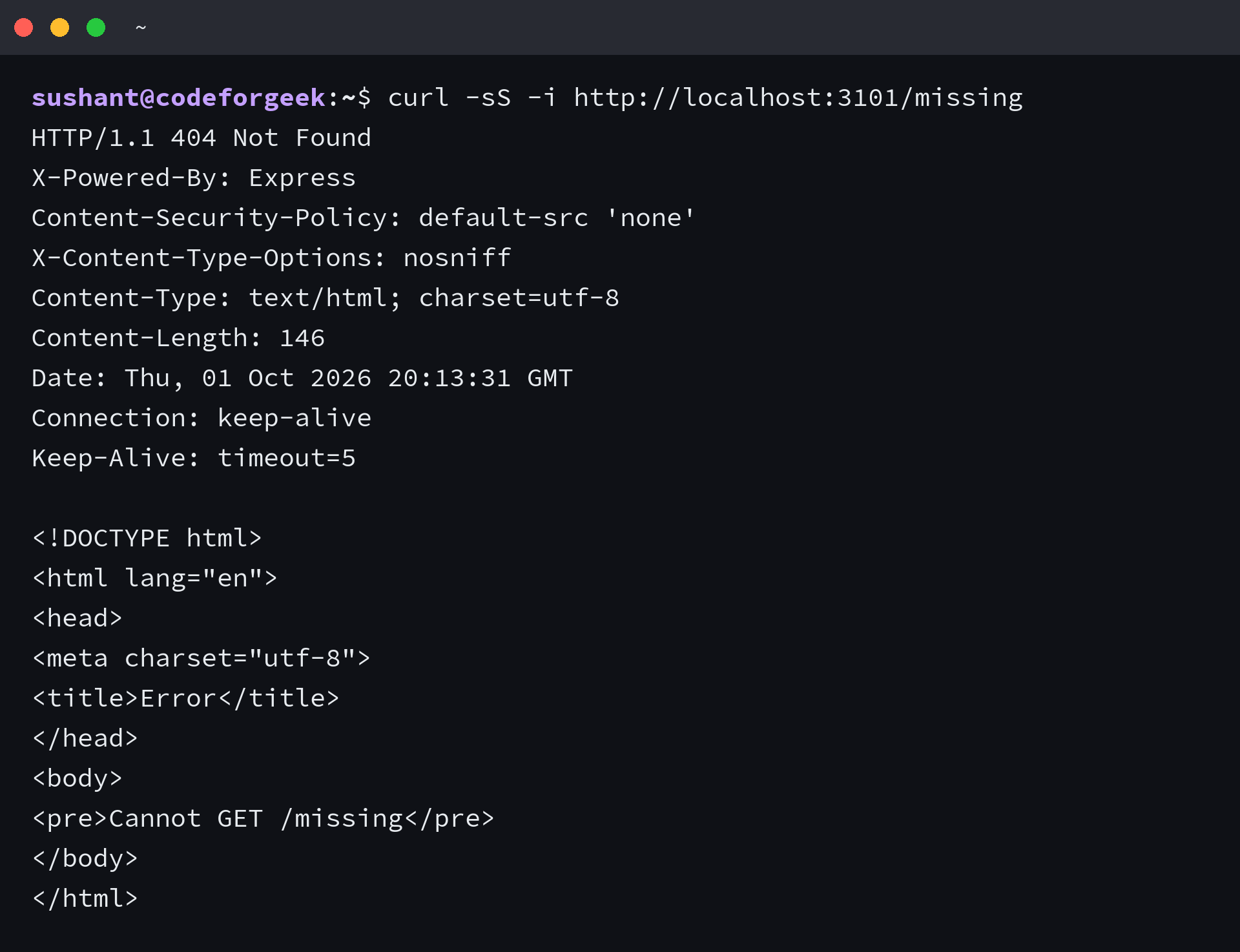 Express 404 Not Found response for GET /missing
