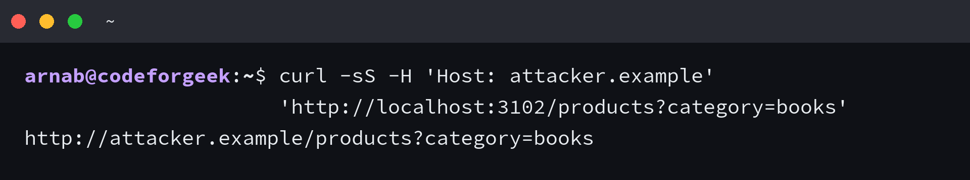 Express response showing attacker.example reflected in the request URL