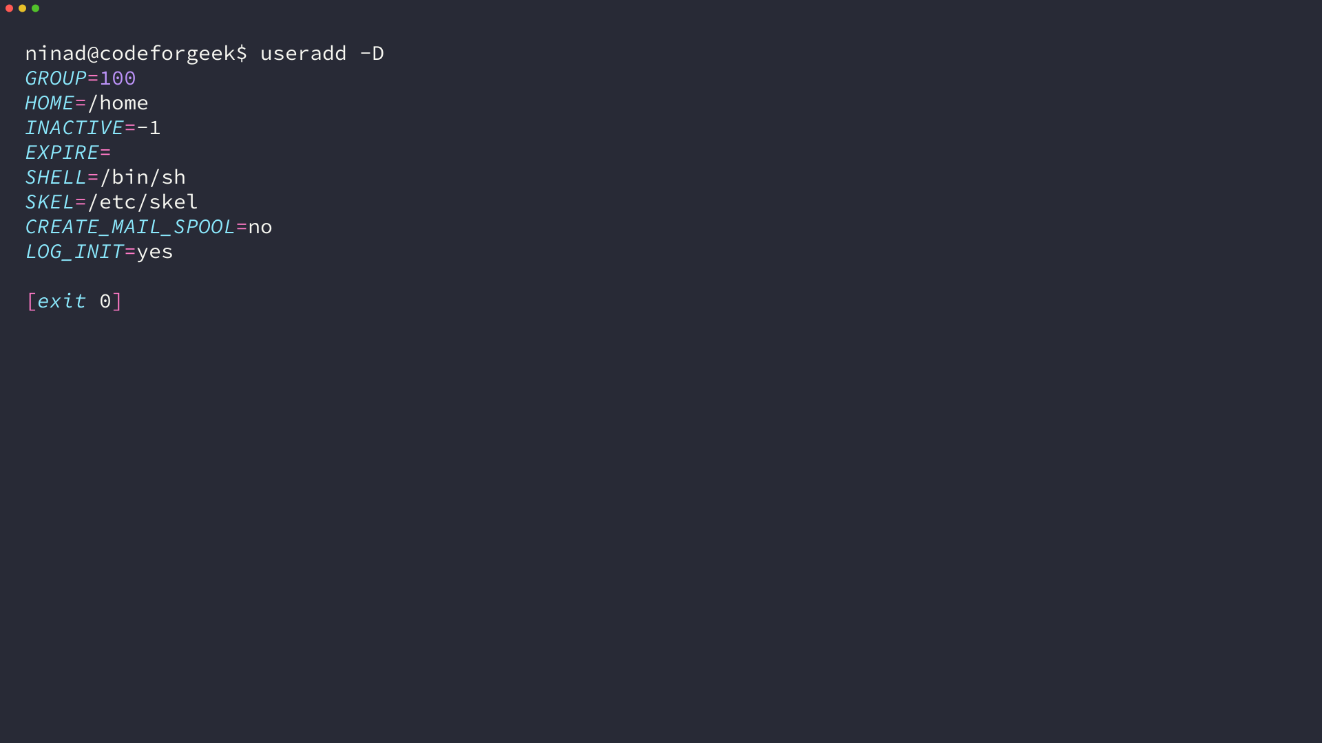 useradd -D output showing Ubuntu 24.04 account defaults