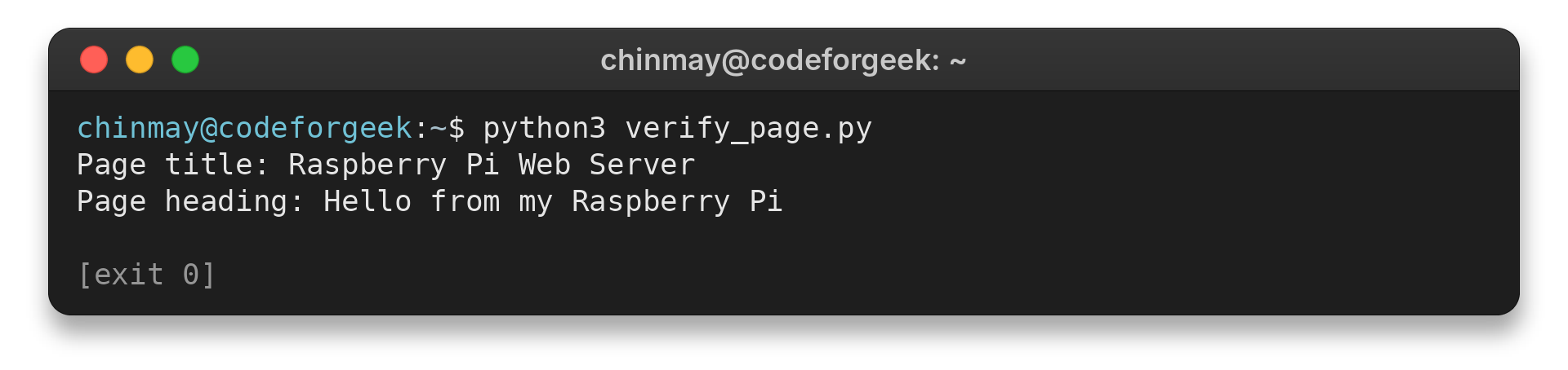 Terminal output showing the saved Raspberry Pi HTML page title and heading
