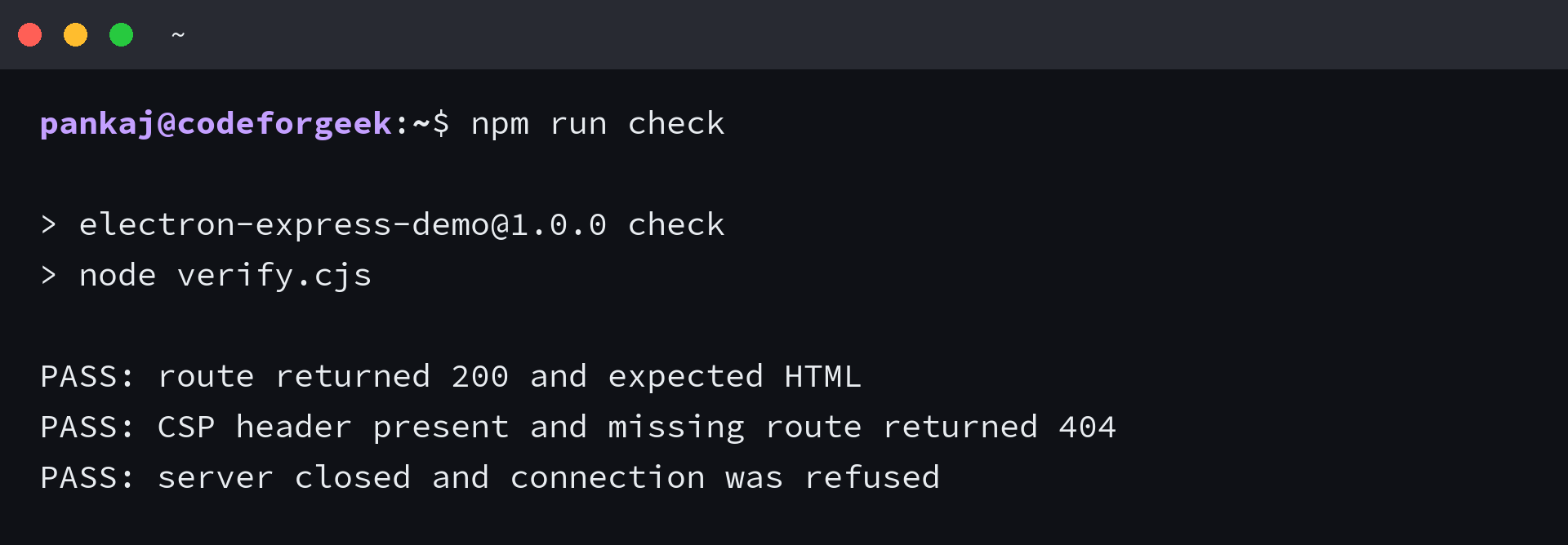 npm run check passes the Express response and shutdown tests
