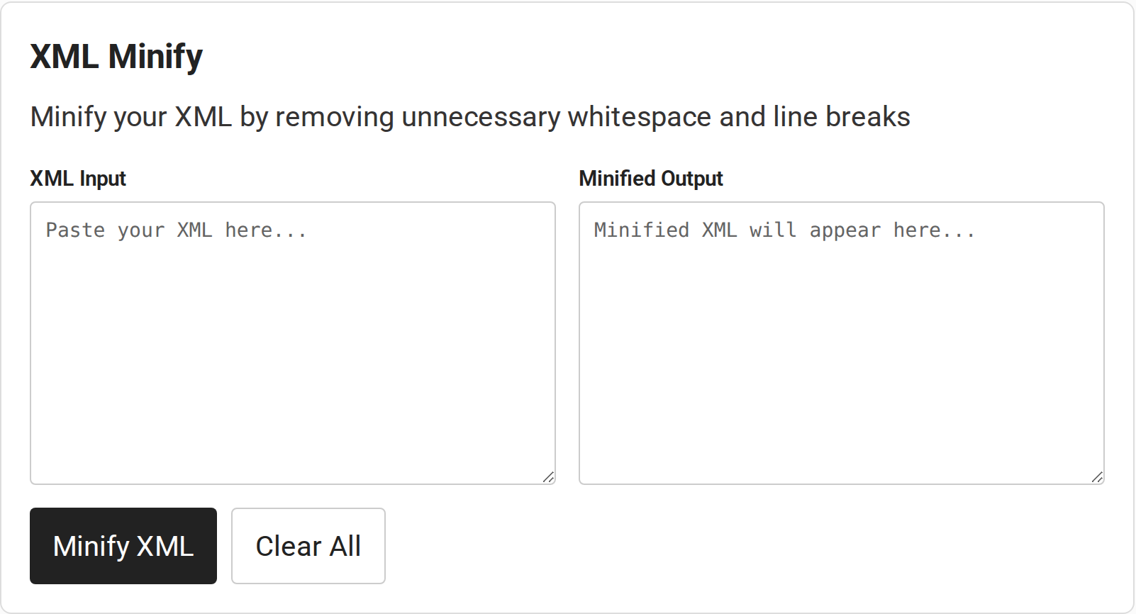 XML Minify tool with input and output fields