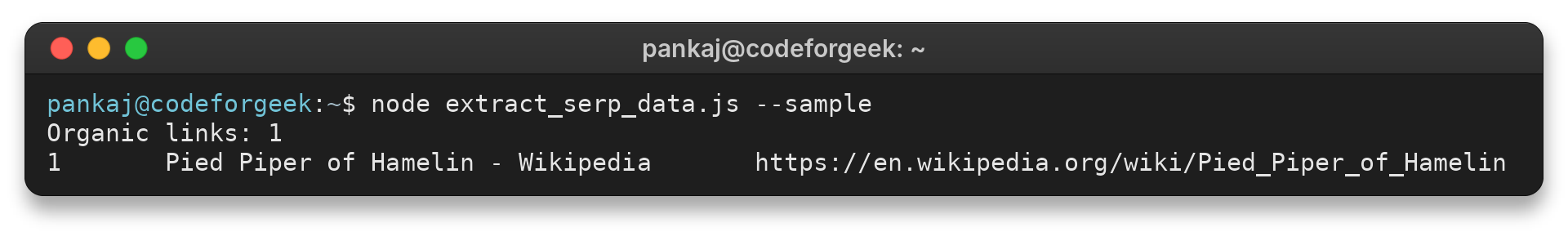 Node.js terminal listing one organic result title and URL