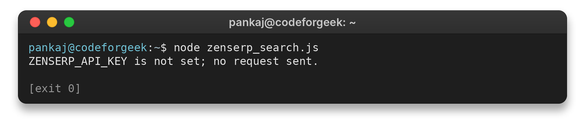 Terminal showing the missing-key message before a Zenserp request
