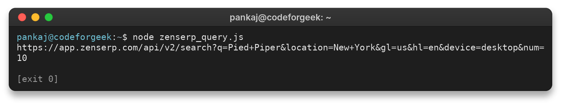 Terminal showing a Zenserp search URL for Pied Piper
